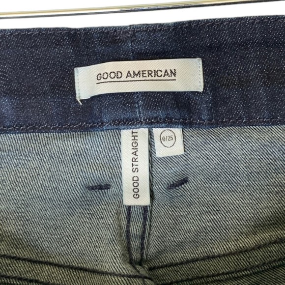 Good American Good Straight Dark Wash Distressed Raw Hem Jeans 0/25 Mid Rise - Picture 3 of 9